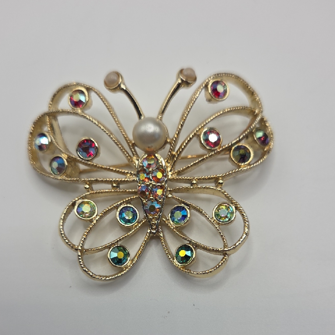 Emmons Gold Butterfly Brooch With Aurora Borealis And Pearl Accents 20$